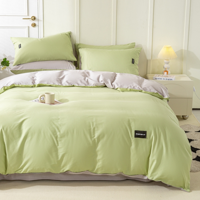 91家纺网 家纺一手货源 找家纺 黑马家居 2024新款双拼全棉四件套 豆绿+浅灰