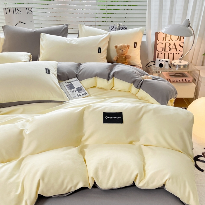 91家纺网 家纺一手货源 找家纺 黑马家居 2024新款双拼全棉四件套 奶白+中灰