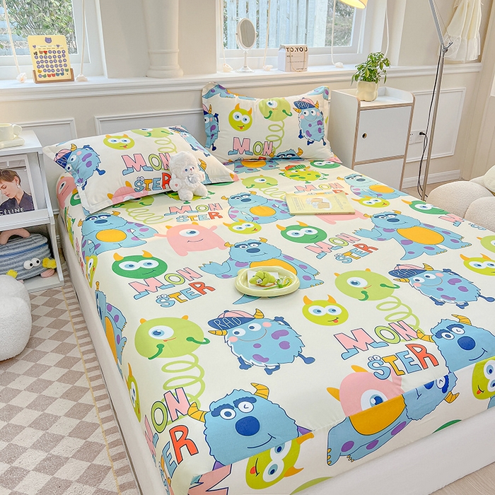 91家纺网 家纺一手货源 找家纺 馨乐家纺 2025新款亲肤舒适芦荟棉单床笠 怪兽大学