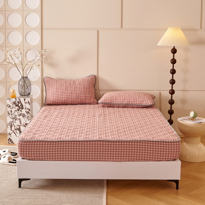 91家纺网 家纺一手货源 找家纺 杜先生 2024新款无印风水洗棉夹棉床笠 粉小格