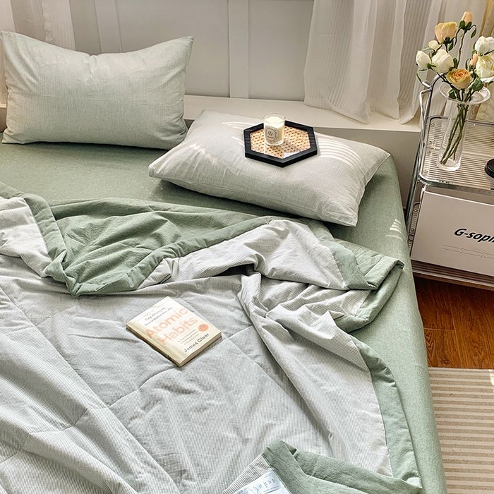91家纺网 家纺一手货源 找家纺 水洗的故事2025新款A类色织水洗棉丝夏被四件套系列 密条绿