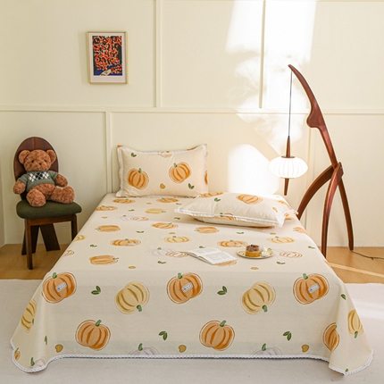 91家纺网 家纺一手货源 找家纺 萌宝老粗布毛绒玩具 2025新款原棉老粗布印花床单系列细纱帆布软凉席三枚段条花边款 贝贝南瓜