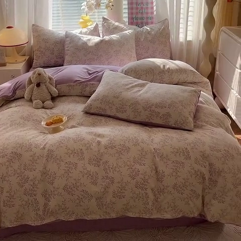 91家纺网 家纺一手货源 找家纺 多品 2024新款水洗棉双层纱四件套 半夏