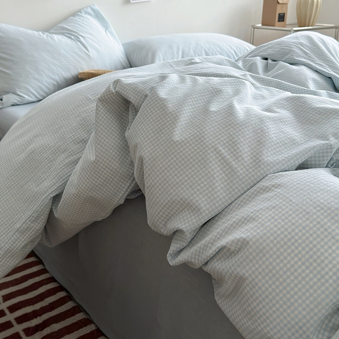 91家纺网 家纺一手货源 找家纺 水洗的故事 2024新款无印良品水洗棉四件套  小小格蓝