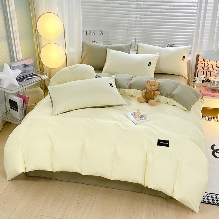 91家纺网 家纺一手货源 找家纺 黑马家居 2024新款双拼全棉四件套 奶白+灰绿