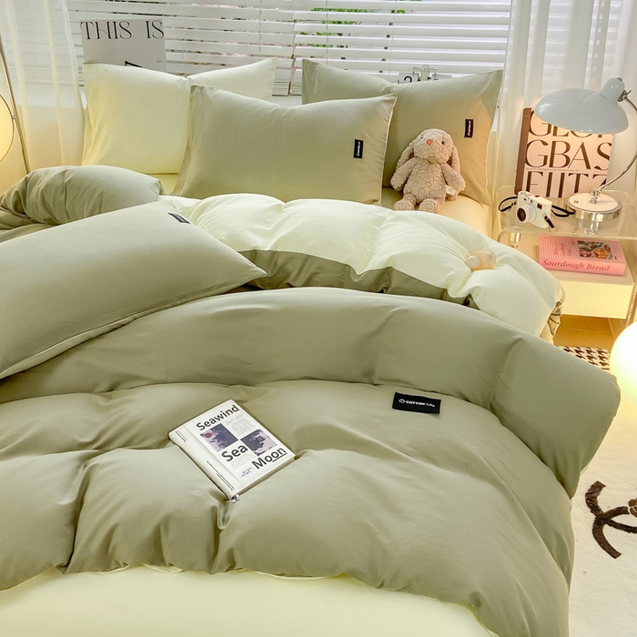 91家纺网 家纺一手货源 找家纺 黑马家居 2024新款双拼全棉四件套 灰绿+奶白