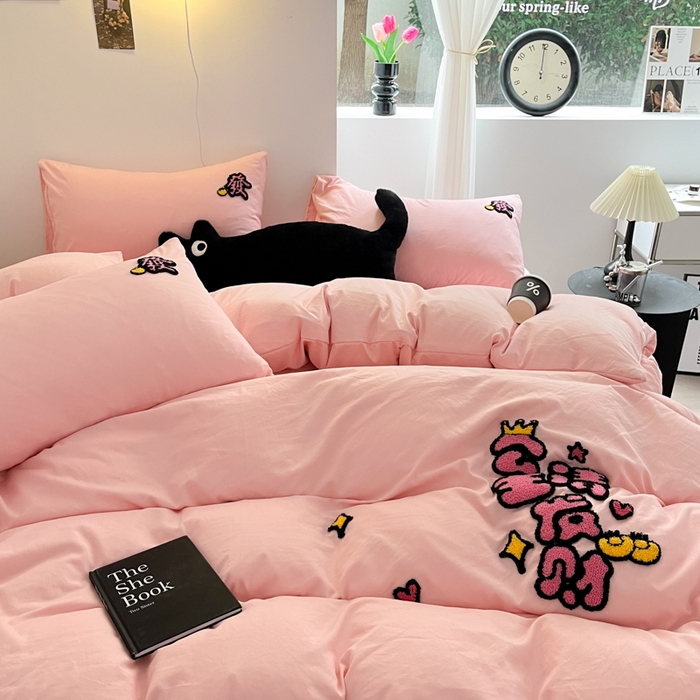 91家纺网 家纺一手货源 找家纺 耀达家居 2024新款ins毛巾绣水洗棉四件套 公主发财