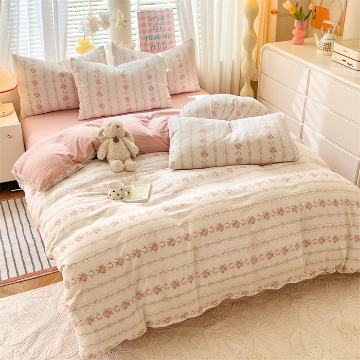 91家纺网 家纺一手货源 找家纺 多品 2024新款水洗棉双层纱四件套 白薇