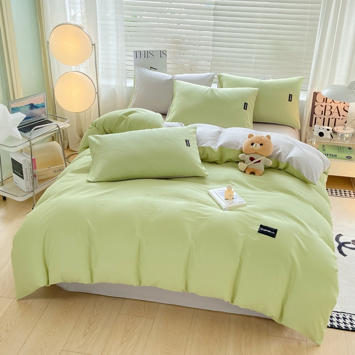 91家纺网 家纺一手货源 找家纺 黑马家居 2024新款双拼全棉四件套 豆绿+浅灰