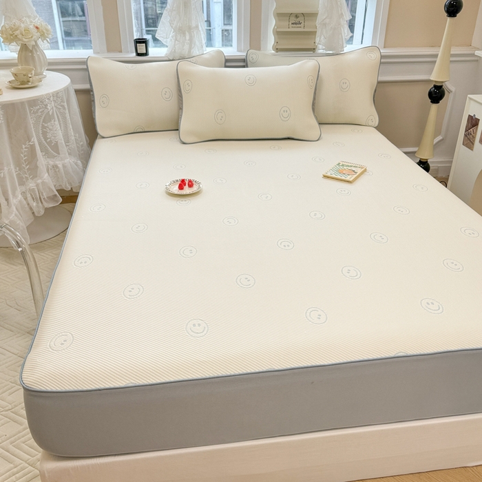 91家纺网 家纺一手货源 找家纺 全季家居 2024新款5A速冷PE小动物系列凉豆豆席 笑脸-天蓝-床笠款