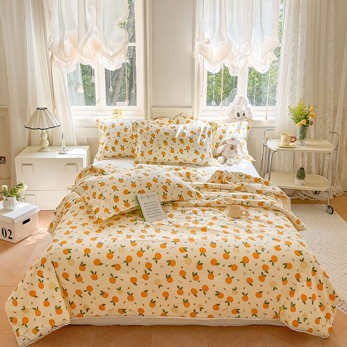 91家纺网 家纺一手货源 找家纺 创优家纺  2025新款A类皱皱纱小花边夏被 元气橘子