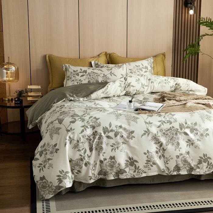 91家纺网 家纺一手货源 找家纺 怡家居 2024新款100支长绒棉印花四件套 花菲语-绿