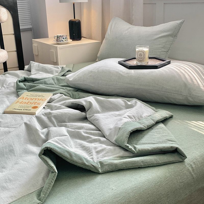 91家纺网 家纺一手货源 找家纺 水洗的故事2025新款A类色织水洗棉丝夏被四件套系列 密条绿