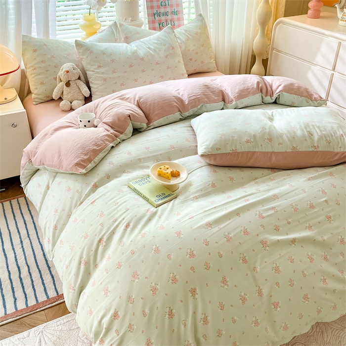 91家纺网 家纺一手货源 找家纺 多品 2024新款水洗棉双层纱四件套 半夏