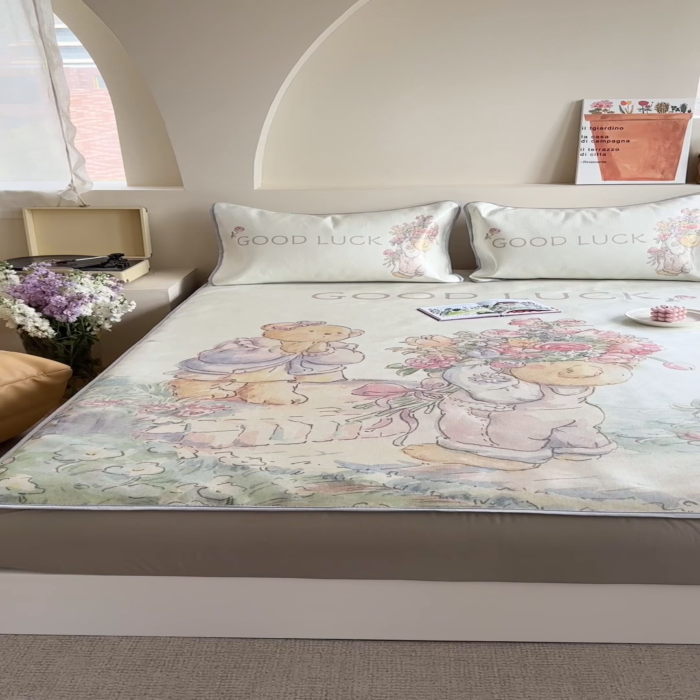 91家纺网 家纺一手货源 找家纺 萝莉家纺 2024新款大版印花冰丝凉席床席床笠款 送你一个春天-床笠款