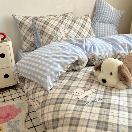 91家纺网 家纺一手货源 找家纺 蜜宿 2024新款ins韩系卡通全棉四件套 格子熊