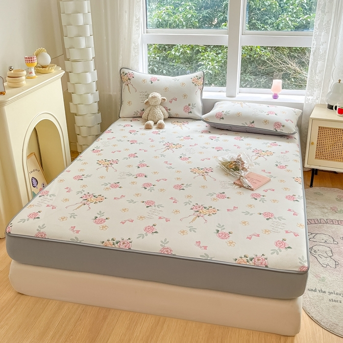 91家纺网 家纺一手货源 找家纺 星座 2025大斜纹复合冰丝凉席床笠款 拈花湾粉-床笠款