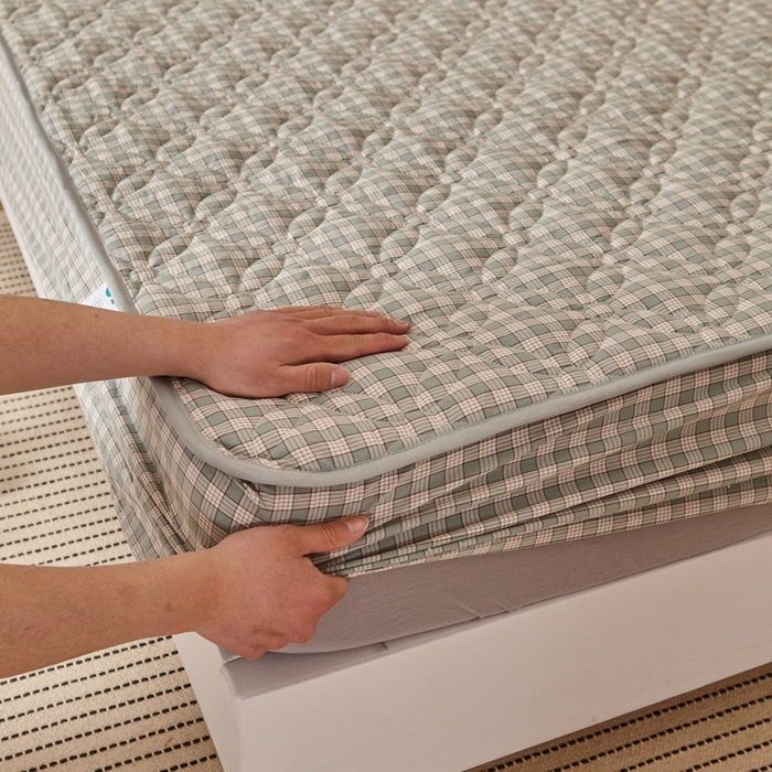 91家纺网 家纺一手货源 找家纺 杜先生 2024新款无印风水洗棉夹棉床笠 绿小格