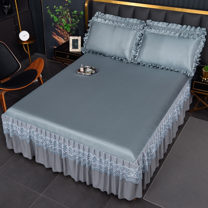 91家纺网 家纺一手货源 找家纺 艾裙海  2025新款纯色床裙款冰丝凉席 绅士灰