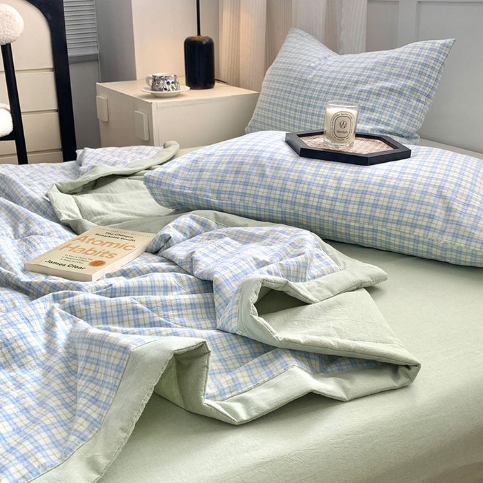 91家纺网 家纺一手货源 找家纺 水洗的故事2025新款A类色织水洗棉丝夏被四件套系列 青果格