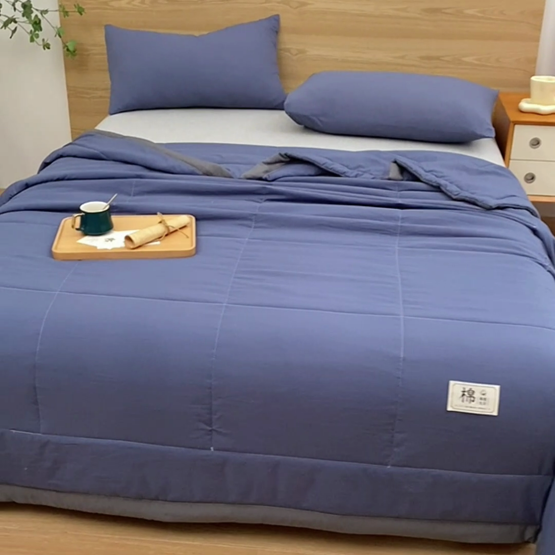 91家纺网 家纺一手货源 找家纺 猎鹿人家纺 2024新款纯色水洗棉纱棉花夏被 绅士蓝