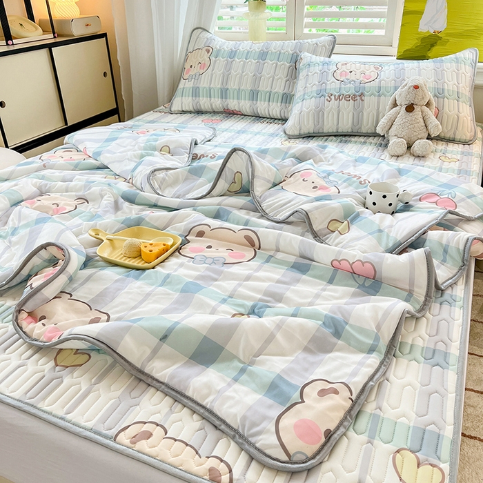 91家纺网 家纺一手货源 找家纺 慕澄家纺 2024新款小版印花0.5乳胶凉席夏被四件套 格子熊