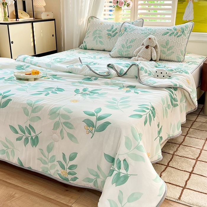 91家纺网 家纺一手货源 找家纺 慕澄家纺 2024新款小版印花0.5乳胶凉席夏被四件套 绿叶