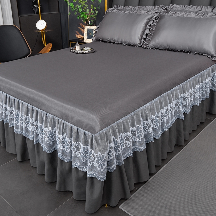 91家纺网 家纺一手货源 找家纺 艾裙海  2025新款纯色床裙款冰丝凉席 深灰