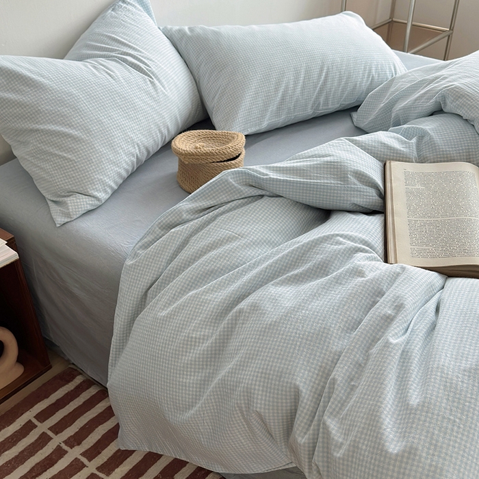 91家纺网 家纺一手货源 找家纺 水洗的故事 2024新款无印良品水洗棉四件套  小小格蓝