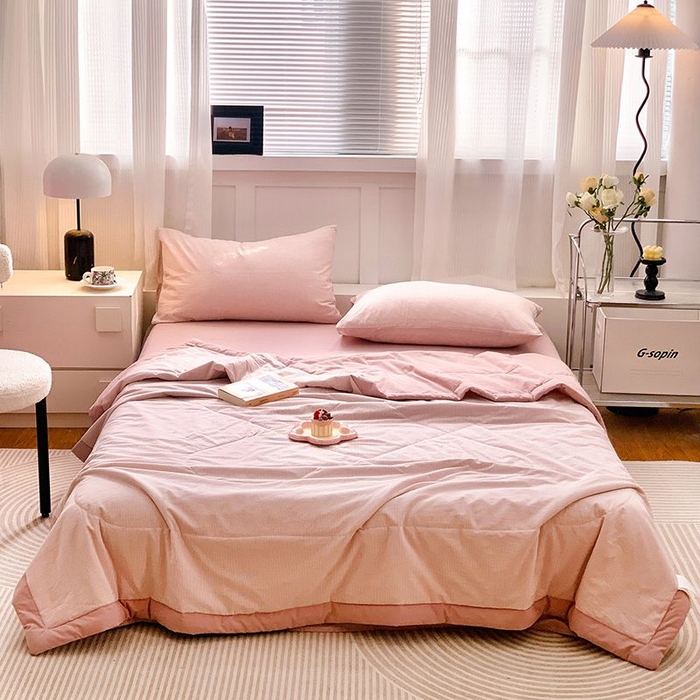 91家纺网 家纺一手货源 找家纺 水洗的故事2025新款A类色织水洗棉丝夏被四件套系列 密条粉