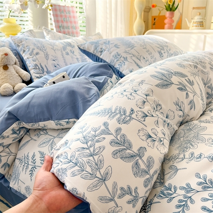 91家纺网 家纺一手货源 找家纺 多品 2024新款水洗棉双层纱四件套 幽兰