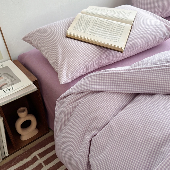 91家纺网 家纺一手货源 找家纺 水洗的故事 2024新款无印良品水洗棉四件套  小小格紫