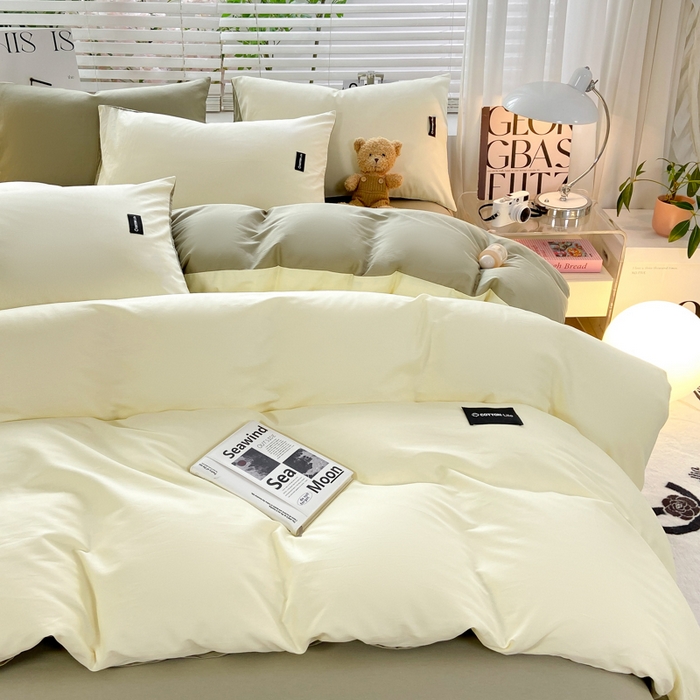 91家纺网 家纺一手货源 找家纺 黑马家居 2024新款双拼全棉四件套 奶白+灰绿