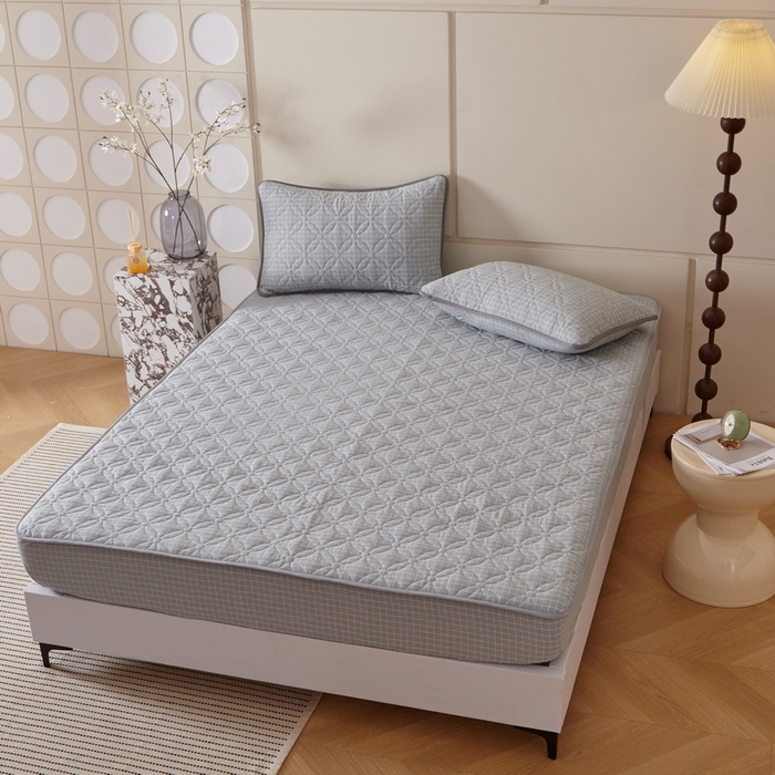 91家纺网 家纺一手货源 找家纺 杜先生 2024新款无印风水洗棉夹棉床笠 浅绿小格