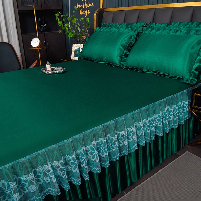 91家纺网 家纺一手货源 找家纺 艾裙海  2025新款纯色床裙款冰丝凉席 深情绿