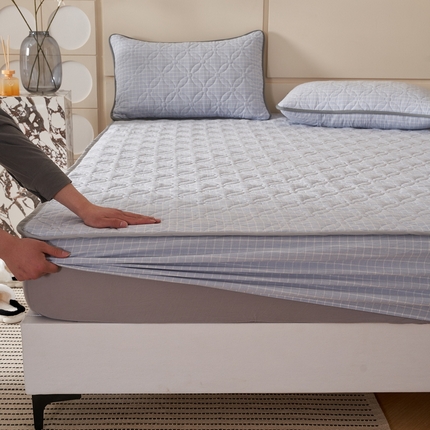 杜先生 2024新款无印风水洗棉夹棉床笠 浅兰小格