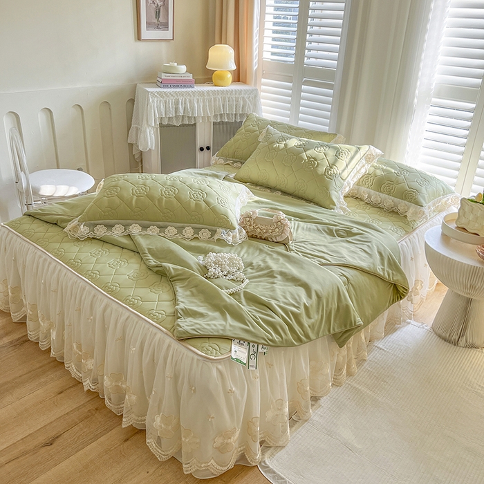 91家纺网 家纺一手货源 找家纺 网红馆 2025新款凉感丝乳胶凉席夏被四件套床裙款 豆蔻绿