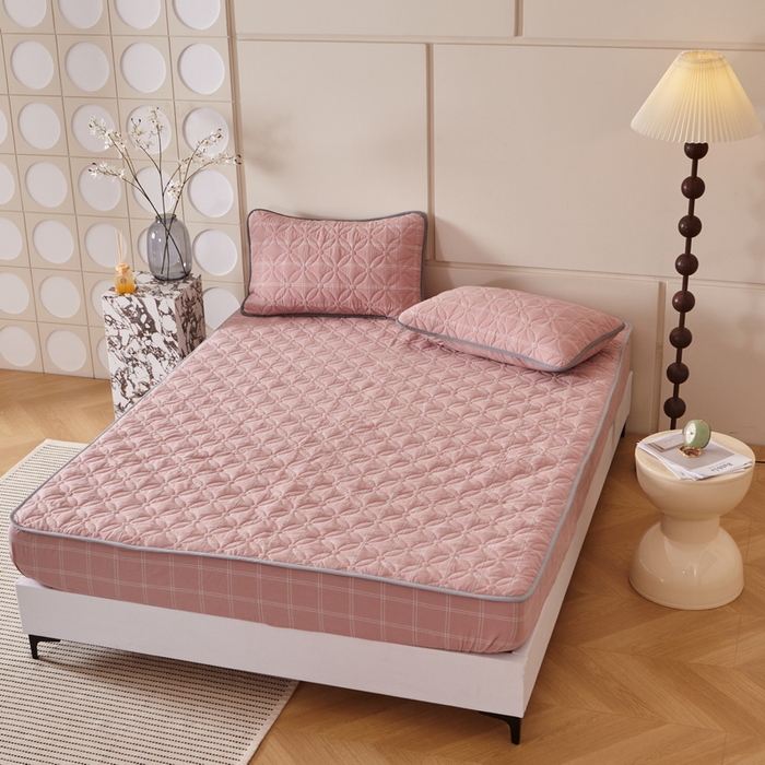 91家纺网 家纺一手货源 找家纺 杜先生 2024新款无印风水洗棉夹棉床笠 蜜粉大格