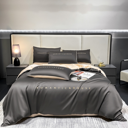 91家纺网 家纺一手货源 找家纺 花愿（原花纪） 2025新款轻奢刺绣水洗冰丝四件套-贝拉 高级灰+奶茶