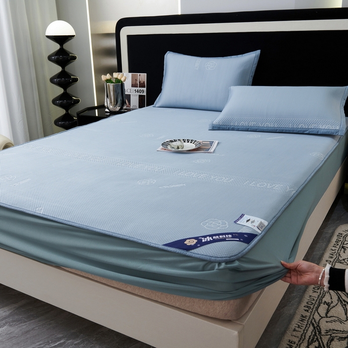 91家纺网 家纺一手货源 找家纺 宜派家纺 2024新款凉感丝刺绣凉席三件套 小花-蓝-床笠