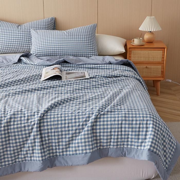 91家纺网 家纺一手货源 找家纺 猎鹿人家纺 2024新款水洗棉棉花夏被 蓝小格