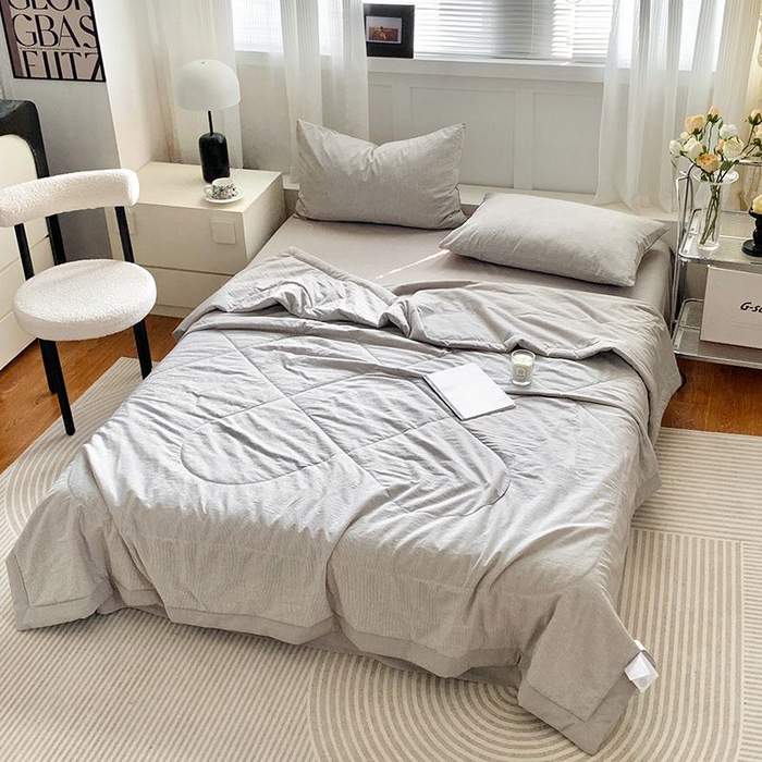 91家纺网 家纺一手货源 找家纺 水洗的故事2025新款A类色织水洗棉丝夏被四件套系列 密条灰