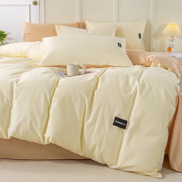 91家纺网 家纺一手货源 找家纺 黑马家居 2024新款双拼全棉四件套 奶白+香槟金