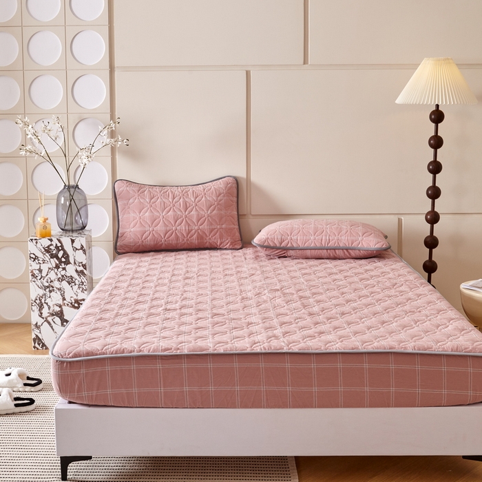 91家纺网 家纺一手货源 找家纺 杜先生 2024新款无印风水洗棉夹棉床笠 蜜粉大格