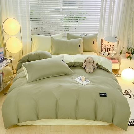 91家纺网 家纺一手货源 找家纺 黑马家居 2024新款双拼全棉四件套 灰绿+奶白