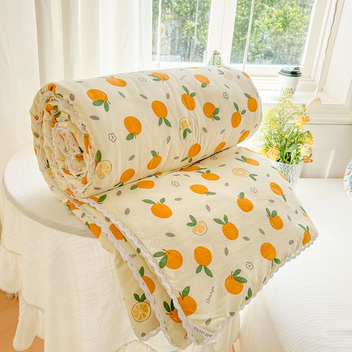 91家纺网 家纺一手货源 找家纺 创优家纺  2025新款A类皱皱纱小花边夏被 元气橘子