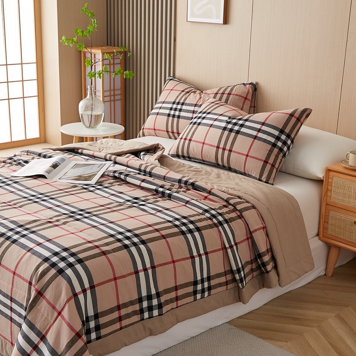 91家纺网 家纺一手货源 找家纺 猎鹿人家纺 2024新款水洗棉棉花夏被 咖条