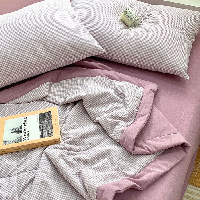 91家纺网 家纺一手货源 找家纺 水洗的故事2025新款A类色织水洗棉丝夏被四件套系列 小格紫