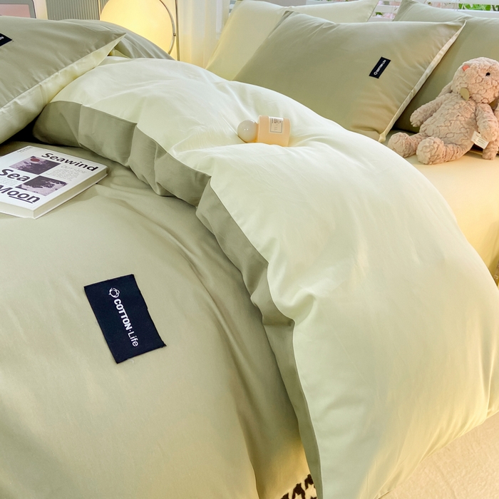 91家纺网 家纺一手货源 找家纺 黑马家居 2024新款双拼全棉四件套 灰绿+奶白