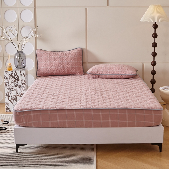 91家纺网 家纺一手货源 找家纺 杜先生 2024新款无印风水洗棉夹棉床笠 蜜粉大格